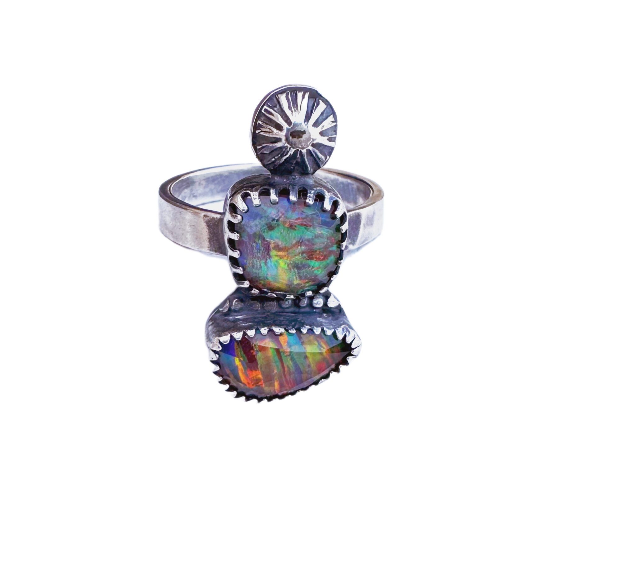 SOLD • Rainbow Double Aurora Opal Rose Cut Silver Ring - Size 6
