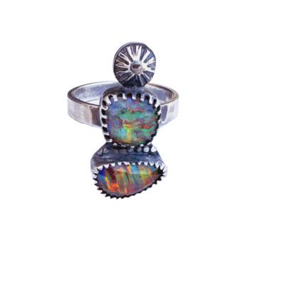 SOLD • Rainbow Double Aurora Opal Rose Cut Silver Ring - Size 6