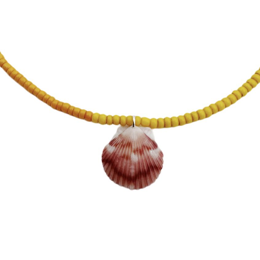SOLD • Florida Calico Scallop Shell & Vintage Glass Bead Necklace