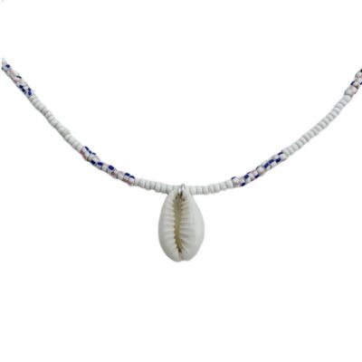 SOLD • Cowrie Shell & Vintage White/Blue Glass Bead Necklace