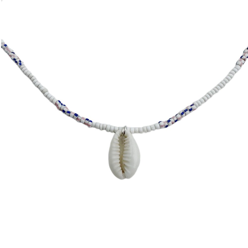 SOLD • Cowrie Shell & Vintage White/Blue Glass Bead Necklace