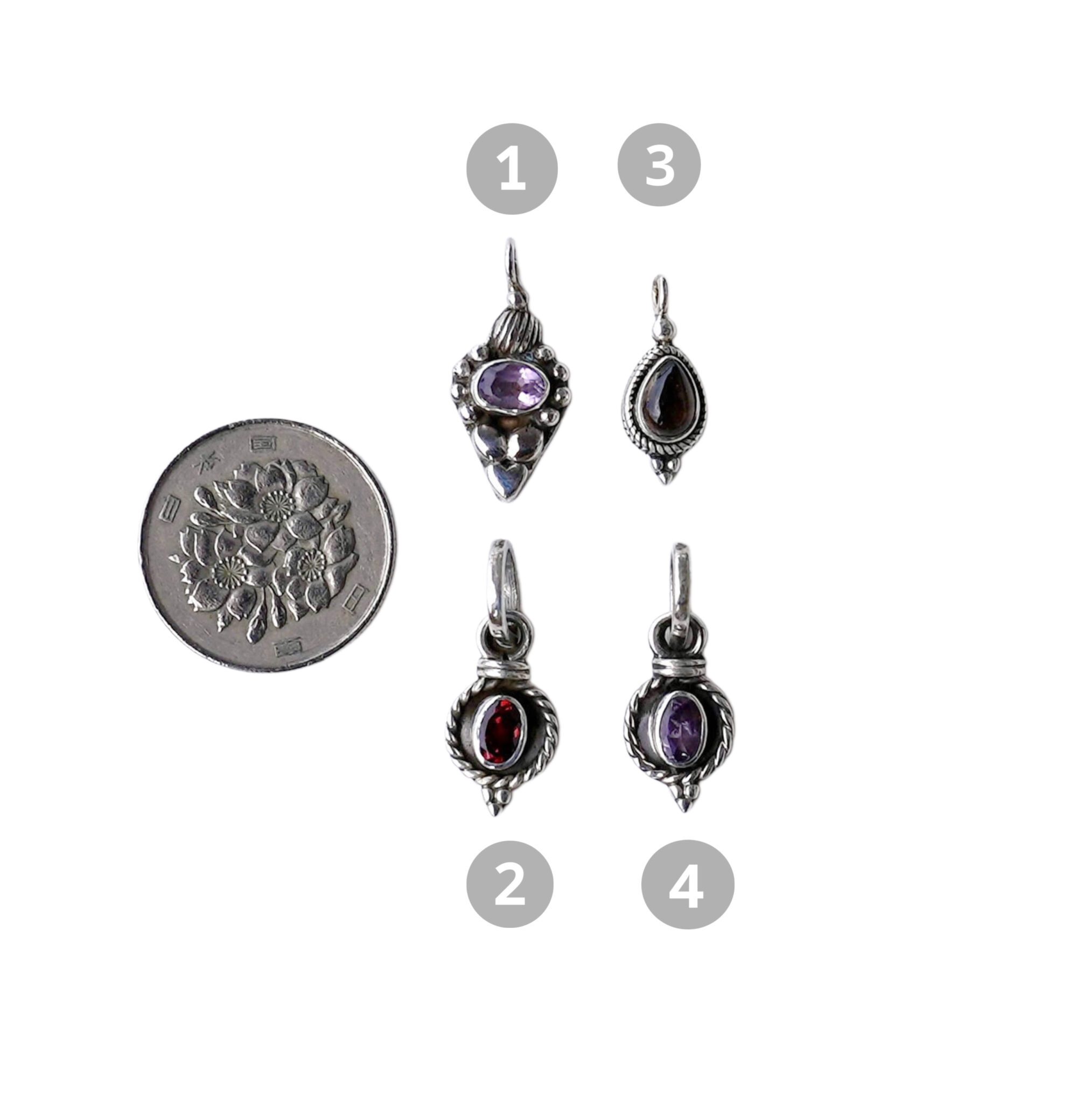 Vintage Petite Sterling Silver Pendants with 16" Box Chain – Amethyst, Garnet, Smokey Quartz