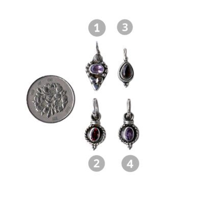 Vintage Petite Sterling Silver Pendants with 16" Box Chain – Amethyst, Garnet, Smokey Quartz